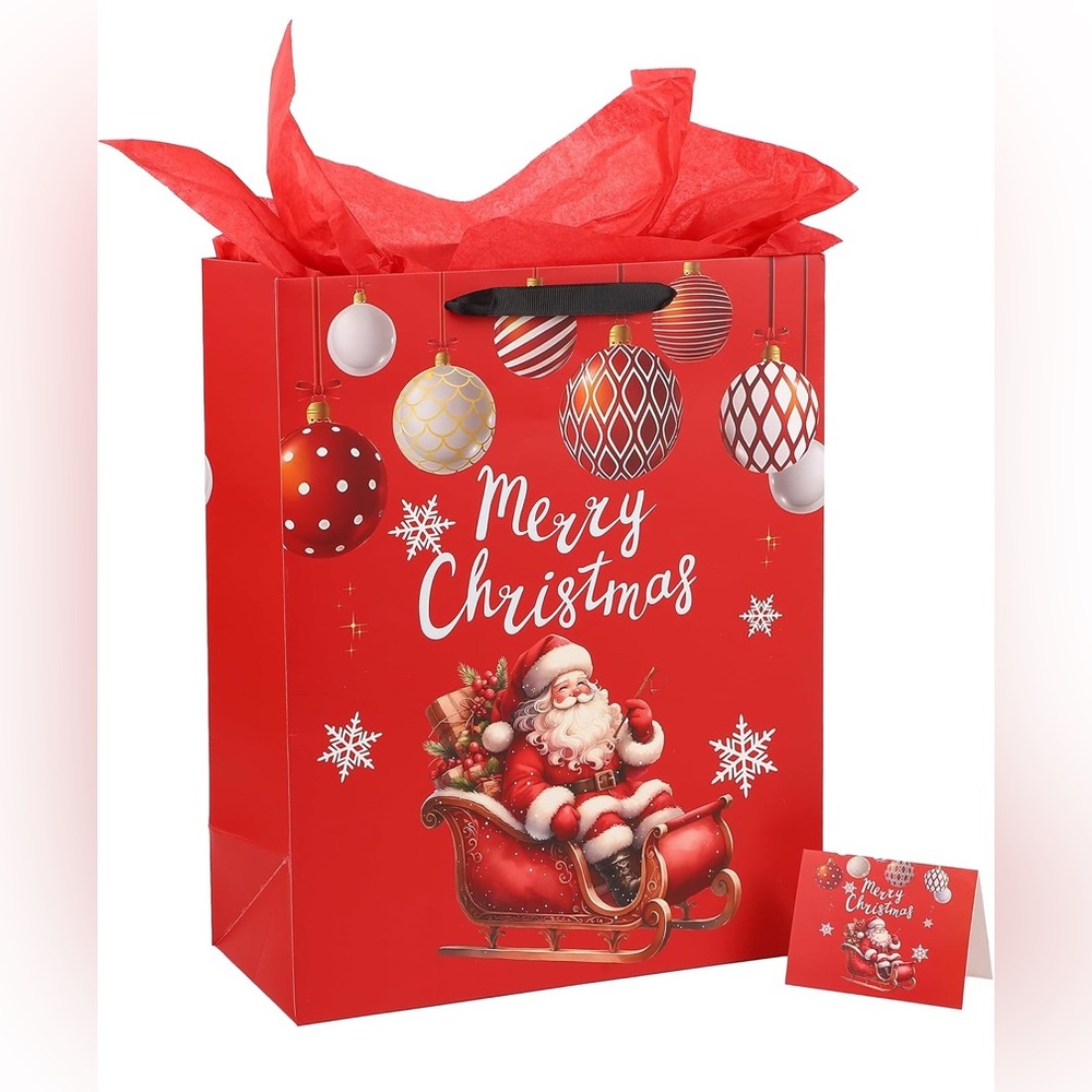 Large Merry Christmas Gift Bag Set w/ Card & Tissue Paper – Santa Sleigh Design